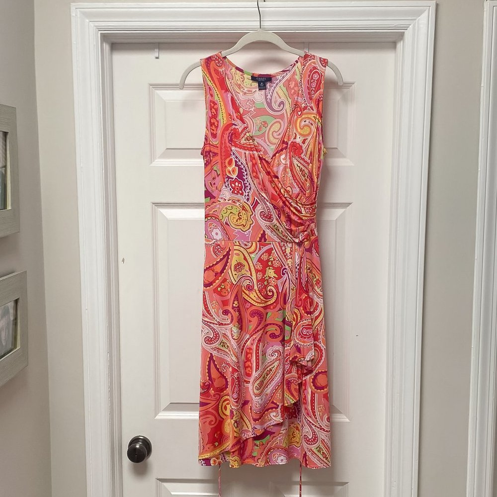 Chaps Faux Wrap Sleeveless Dress, Size M, Color: Pink/Orange/Yellow Paisley